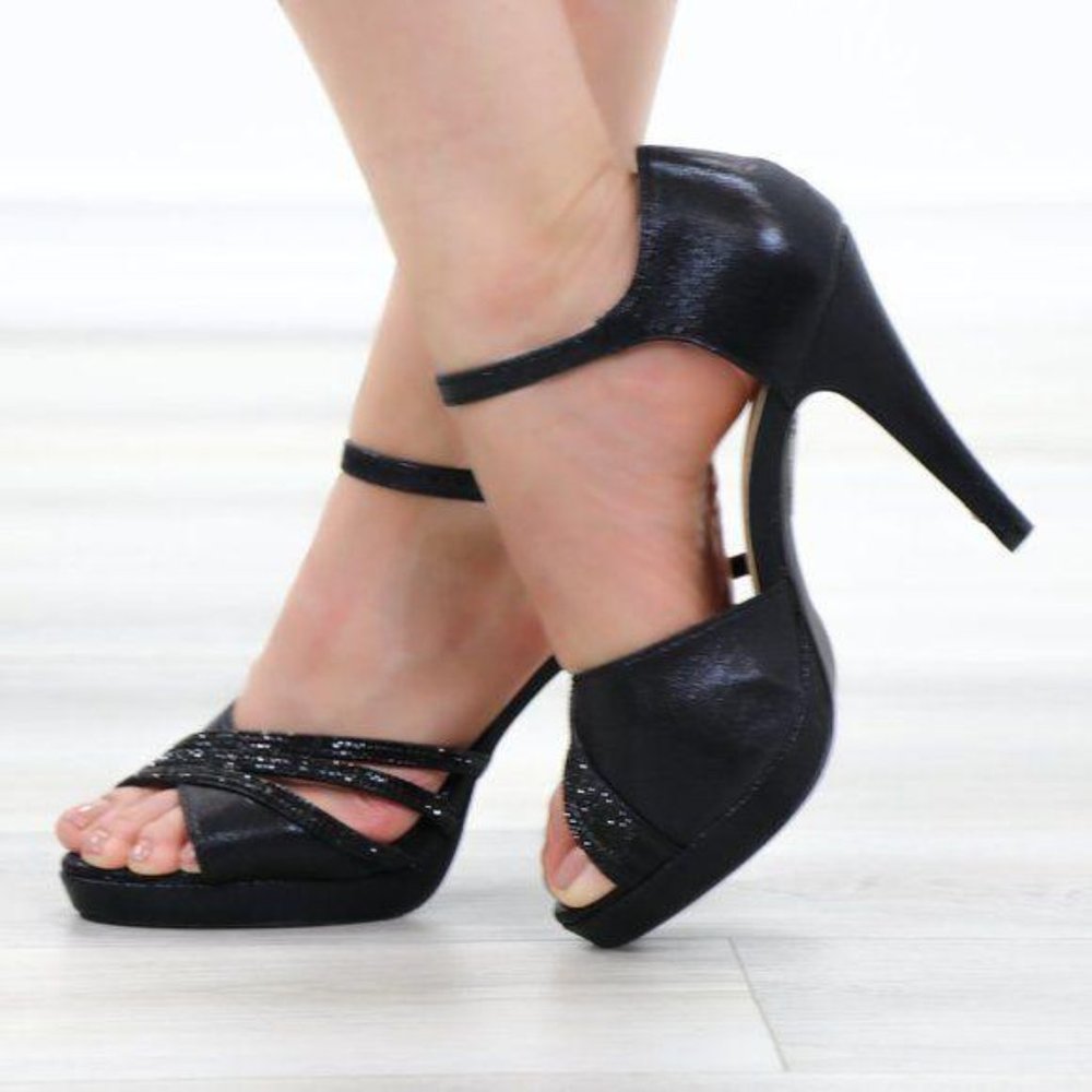 Shimmery Black Satin Platform Heeled Stiletto Sandal - Picture 4 of 11